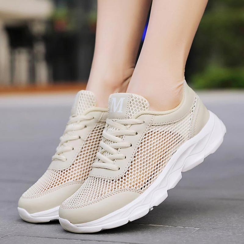 Japanese Lifestyle Items - 女性用通気性メッシュスニーカー,軽量ランニングシューズ,ベージュ,新しい2019,B-332,夏