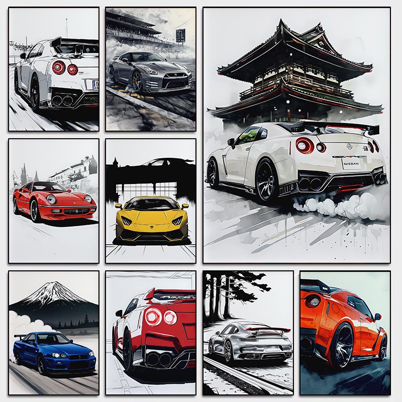 Japanese Luxury Lifestyle - 和風スーパーカー壁アートポスター現代自動車スカイラインプリント高級スポーツカーの装飾男の洞窟車両壁の装飾