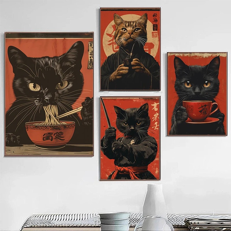 Japanese Eating Lifestyle - 江戸風黒猫が麺を食べるお茶を飲むポスターとプリントキャンバス印刷壁アート画像ルームホームデコレーション用