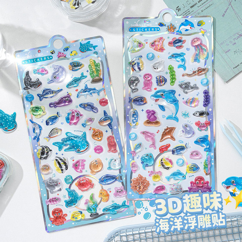 Japanese Lifestyle Items - 和風漫画海洋生物 3D レリーフクリスタルステッカーかわいいイルカサメ装飾ステッカー Diy 電話ケースおもちゃギフト