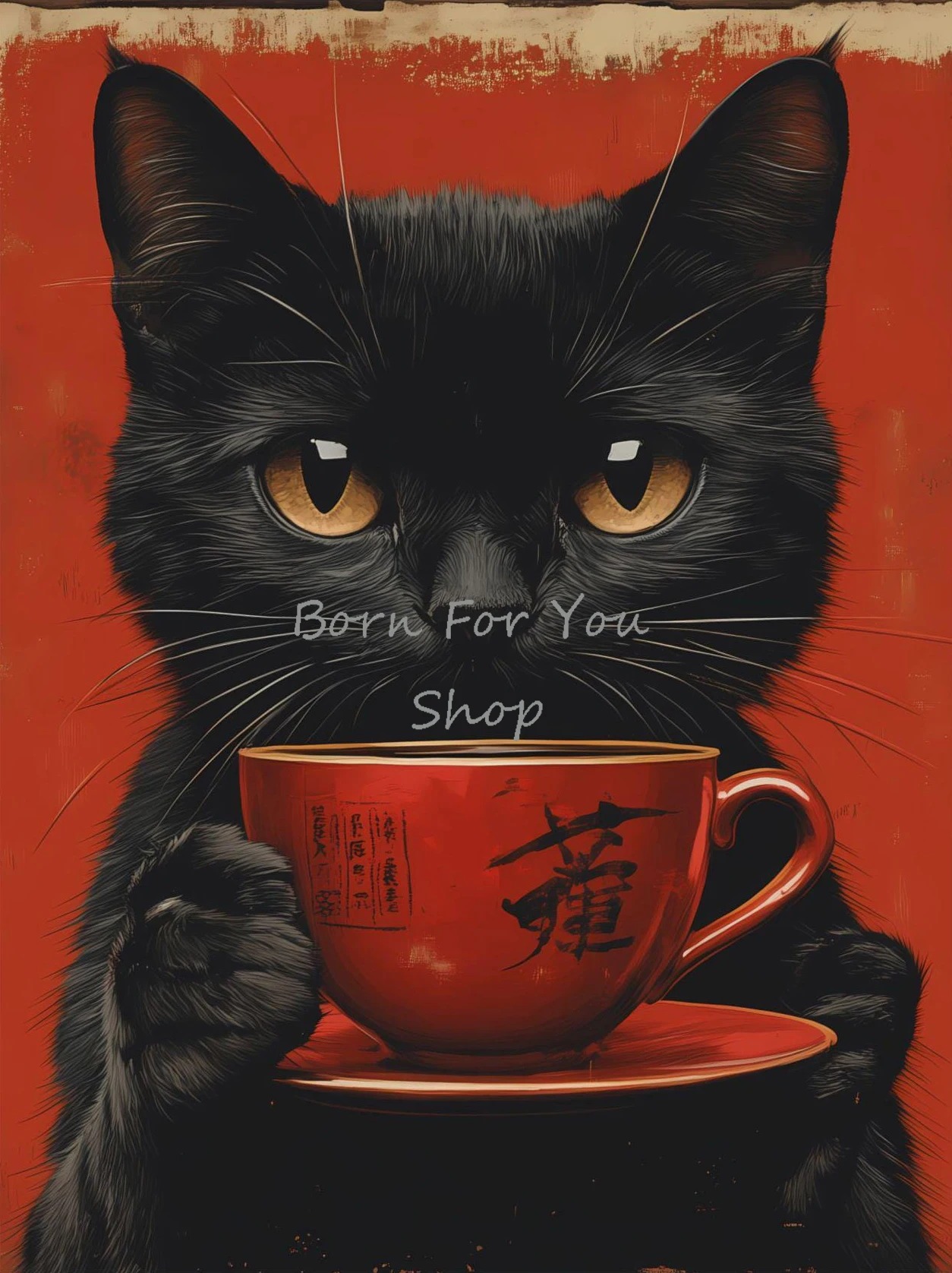 江戸風黒猫が麺を食べるお茶を飲むポスターとプリントキャンバス - Japanese Eating Lifestyle のレビューと価格