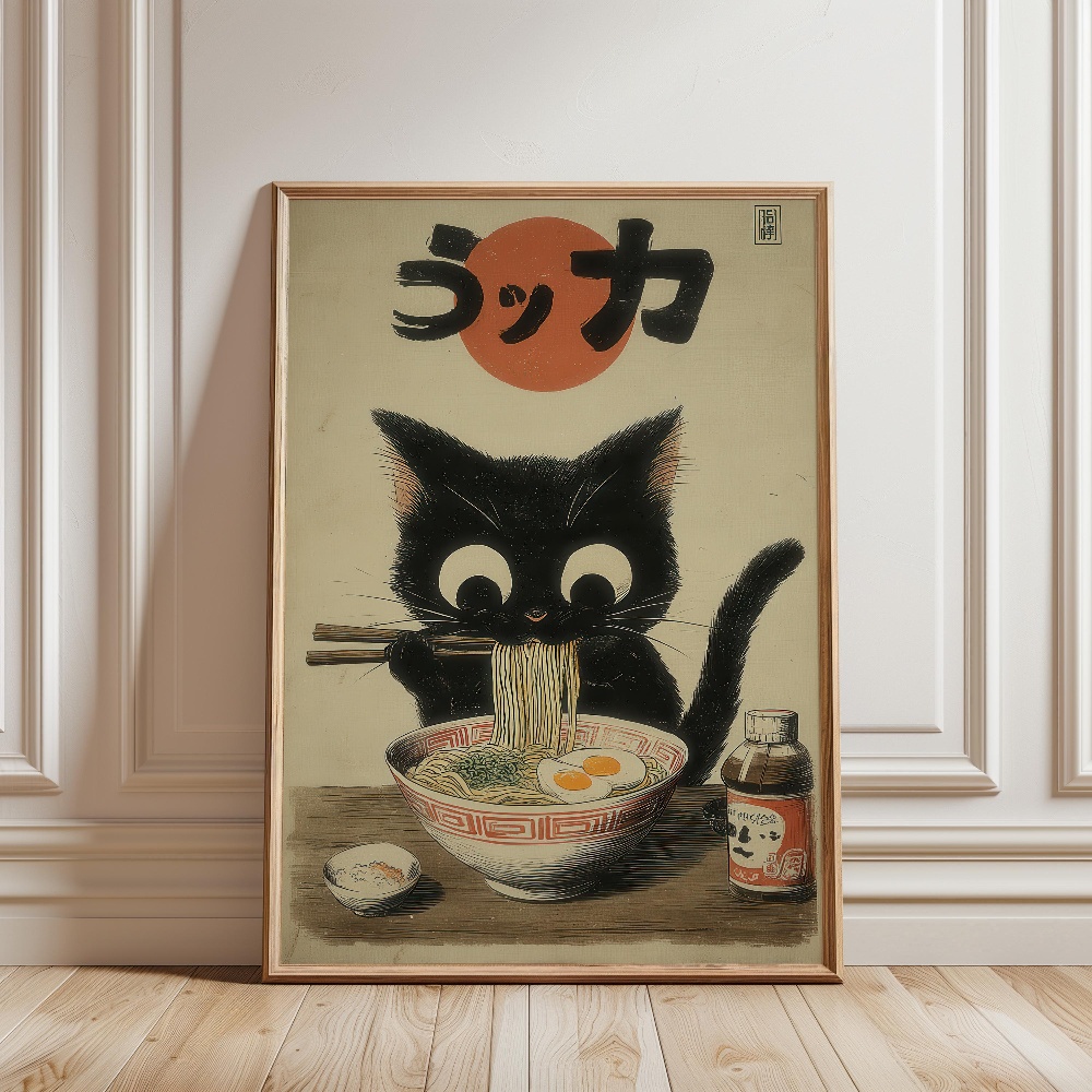 黒猫がラーメンを食べる雨の庭日本の風景猫キャンバス印刷ポスタ - Japanese Eating Lifestyle のレビューと価格