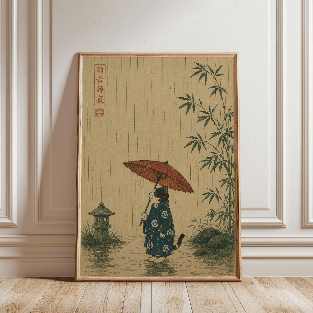 黒猫がラーメンを食べる雨の庭日本の風景猫キャンバス印刷ポスタ - Japanese Eating Lifestyle のレビューと価格