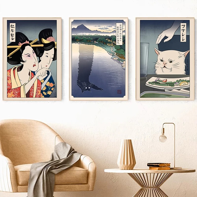 日本の浮世絵風ポスター印刷、猫に怒鳴る女性、キャンバス絵画、 - Japanese Lifestyle At Home のレビューと価格