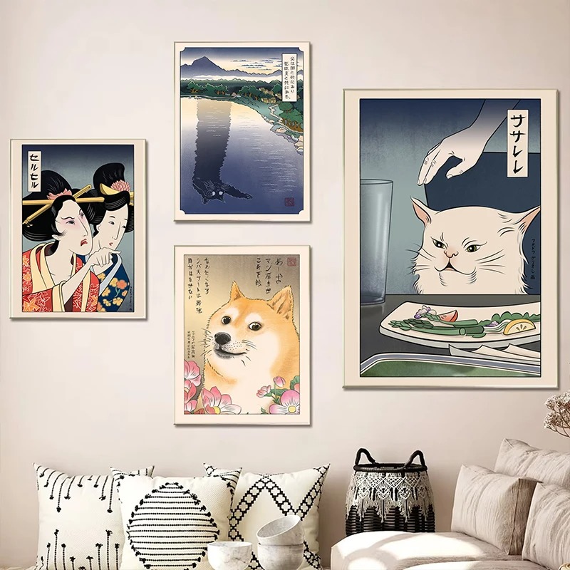 日本の浮世絵風ポスター印刷、猫に怒鳴る女性、キャンバス絵画、 - Japanese Lifestyle At Home のレビューと価格