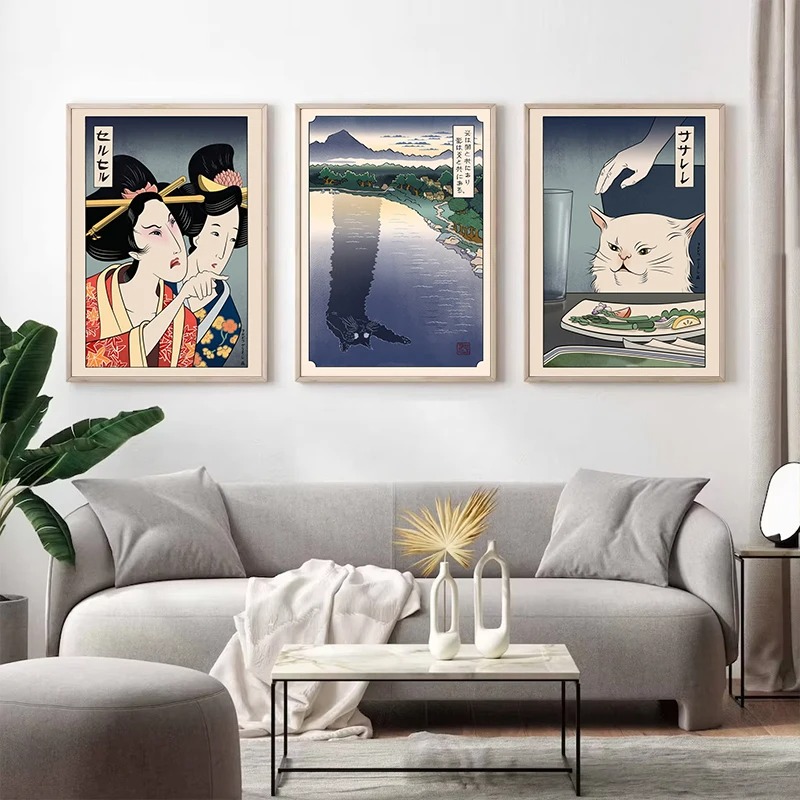 日本の浮世絵風ポスター印刷、猫に怒鳴る女性、キャンバス絵画、 - Japanese Lifestyle At Home のレビューと価格