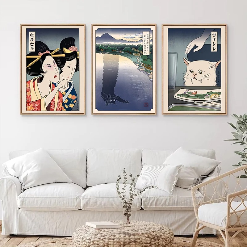 日本の浮世絵風ポスター印刷、猫に怒鳴る女性、キャンバス絵画、 - Japanese Lifestyle At Home のレビューと価格